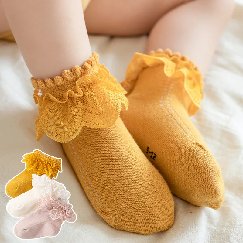 

2022 Fashion Newborn Toddlers Girls Ruffled Socks Frilly Cotton Ankle Socks with Lacework Decoration 0-12Y Socks