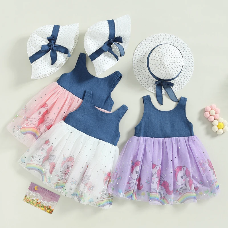 

Летние Детские платья с мультяшным принтом для маленьких девочек, Сетчатое платье-пачка без рукавов, одежда принцессы для девочек, детская одежда