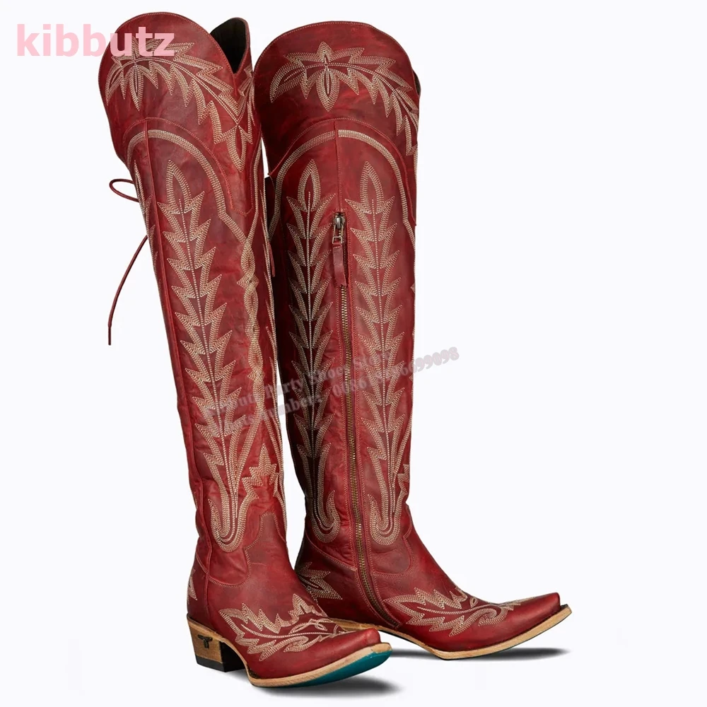 Винтажные Ковбойские Сапоги выше колена с заклепками и вышивкой на шнуровке из