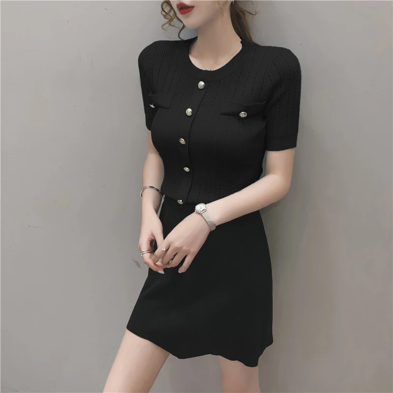 Korean Style Tops 2022 Summer Casual Hollow Out White Thin Sweater Women Button Short Sleeve Knitting Pullover Woman Clothes | Женская