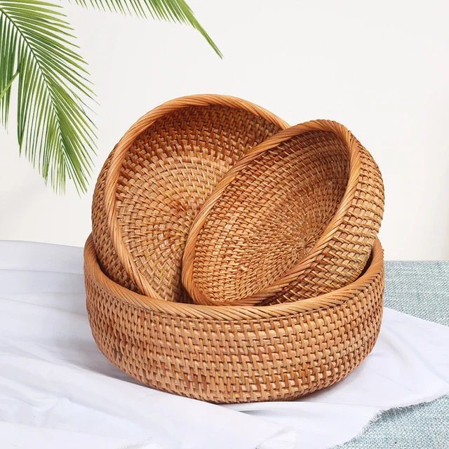 

Vietnamese Rattan Fruit Basket Desktop Coffee Table Sundries Storage Baskets Small Round Snacks Dried Fruit Organizing Baskets