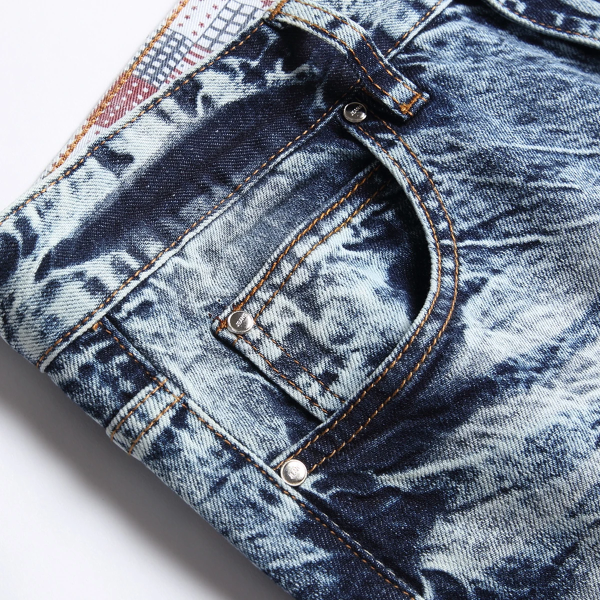 Spring And Autumn Classic Nostalgia Blue Hole Stretch Straight Leg Jeans, High Quality Skinny Cat Beard High Street Casual Pants