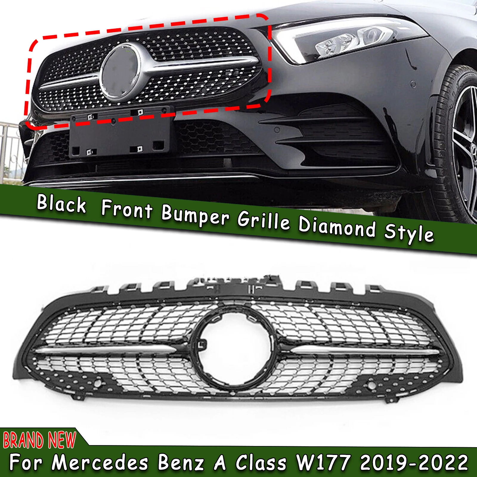 

Передняя решетка гриль Алмазный Стиль Автомобильный верхний бампер фоторешетка для Mercedes Benz A Class W177 A180 A200 A250 A45 AMG 2019-2022