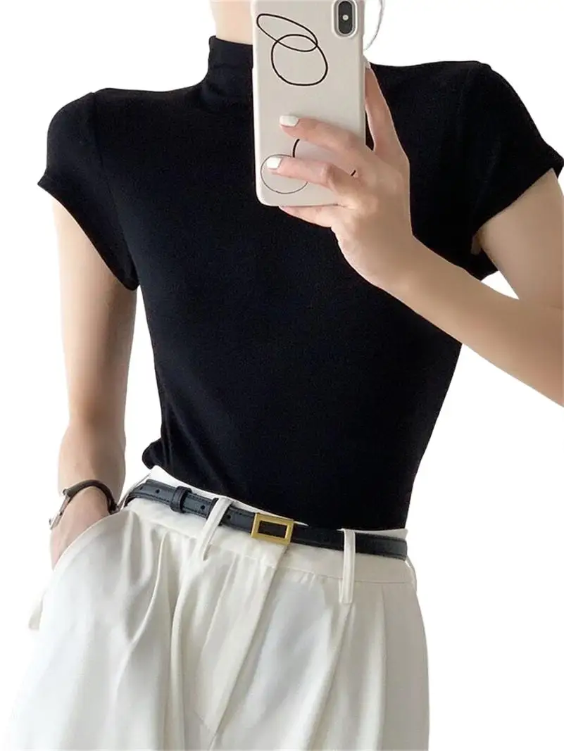 

Summer Knitted Cotton New Inverted Turtleneck Crop Tops Cozy Sheathy Short Sleeve Basic Comfortable Bottoming shirts Blouses