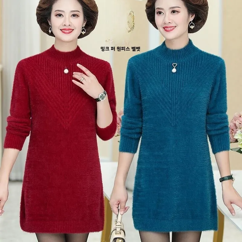 Autumn and Winter Mink Velvet Middle-aged Women Dress Fleece-lined Thick Loose Sweater Western Sle Mid-Length Warm Bo...