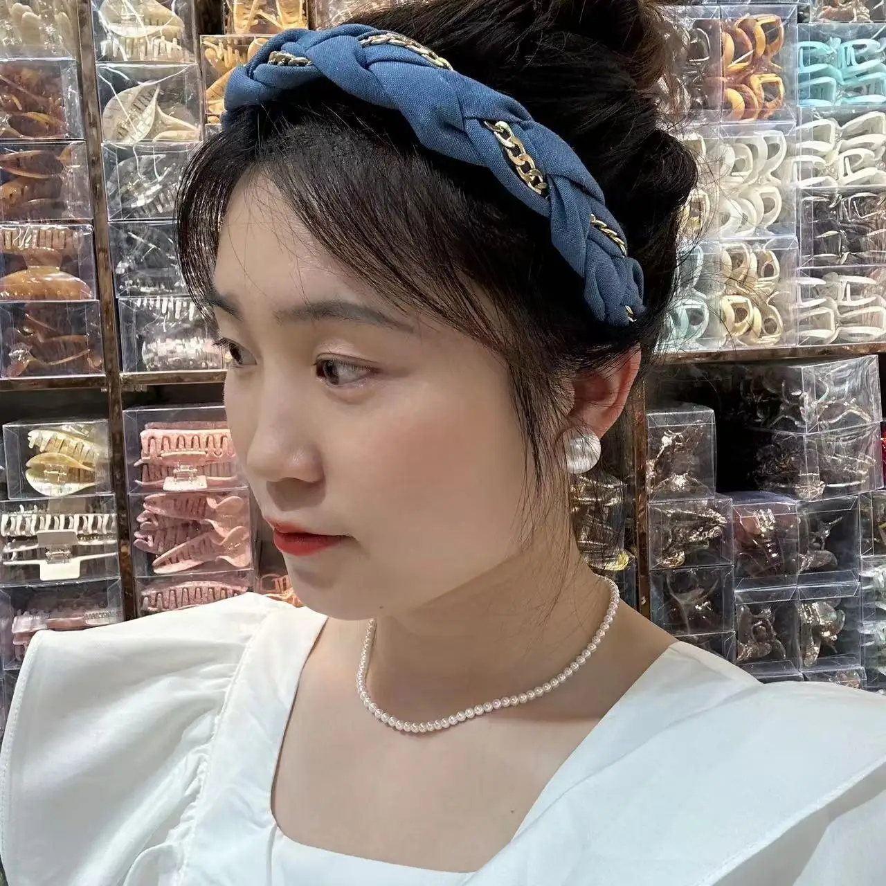 

Punk Denim Cloth Headbands with Metal Chain Women Party Headdress Top Bow Knot Hairbands