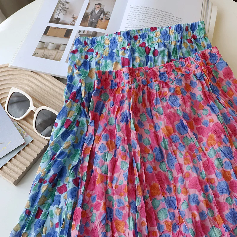 

Pleated Long Y2k Skirt Women's 2022 Summer Dress New Oil Painting Print Holiday Style Mid-length A-line Skirt