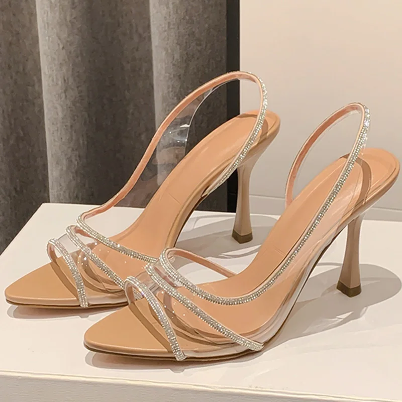

Fashion Women Fetish 9cm High Heels Slingback Sandals Plus Size Summer Rhinestone Pointed Toe Transparent PVC Prom Wedding Shoes