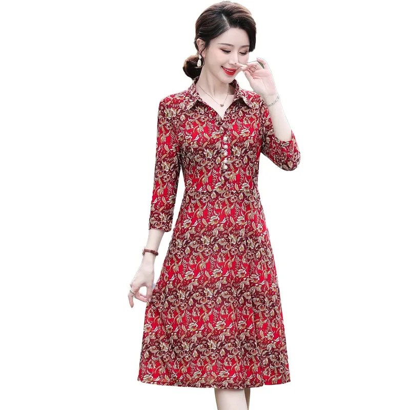 

Vintage Floral Dress Women spring Summer Elegant Slim Waist Mid-Length Party Dress Fashion Casual Print A-Line Dresse