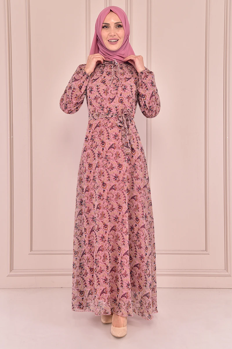 Шифоновое платье с поясом розового цвета Kurusu VBR7102