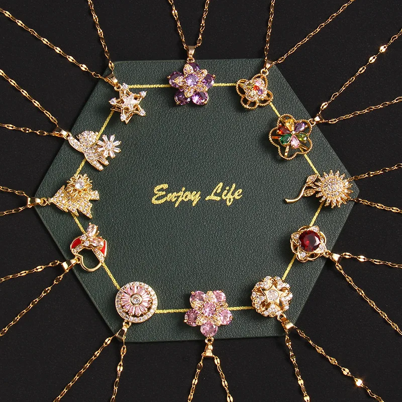

Flowers Zircon Titanium Steel Pendant Necklace For Women Y2K Trendy Korean Gold Color Chain New In Jewelry