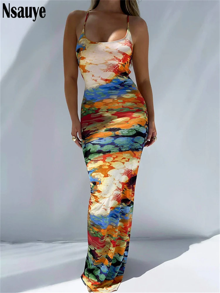

Nsauye 2022 Y2K сексуальное длинное платье с принтом с открытой спиной облегающие платья макси на бретелях летние женские пляжные Вечерние наряды