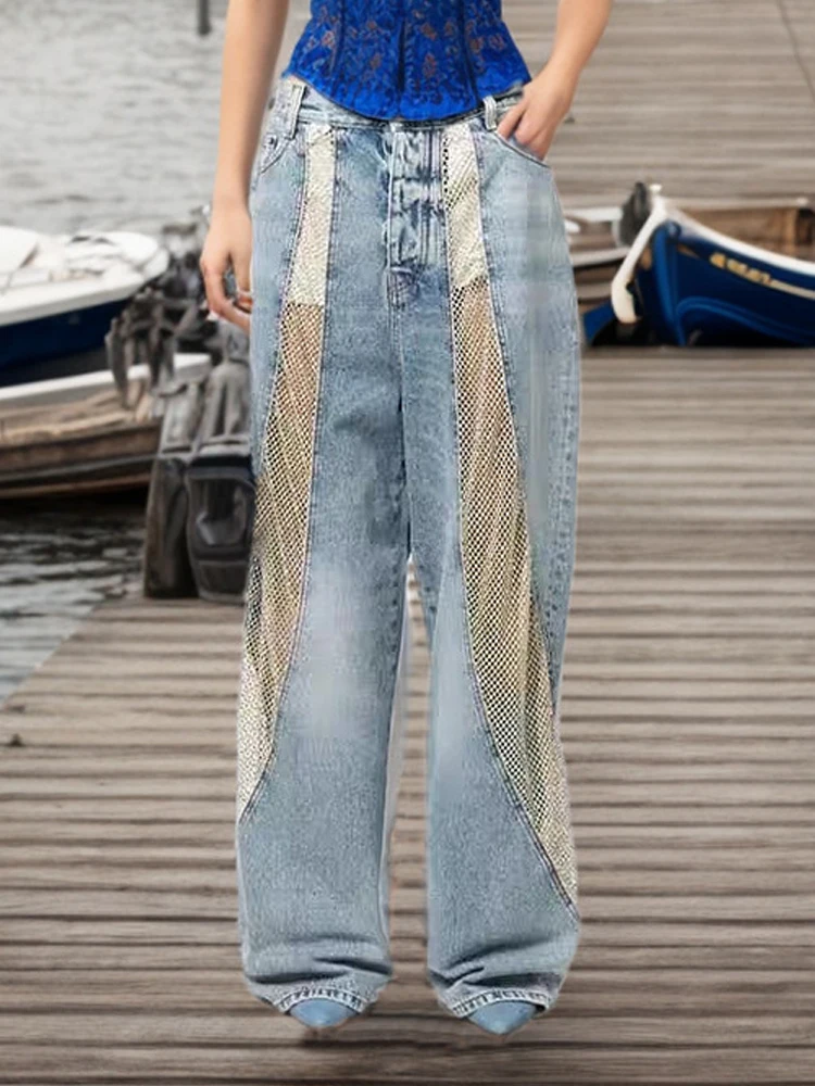 

Verdejuliay/новые стильные модные джинсы с широкими штанинами в сеточку; Женские винтажные узкие прямые брюки с высокой талией; Сезон осень
