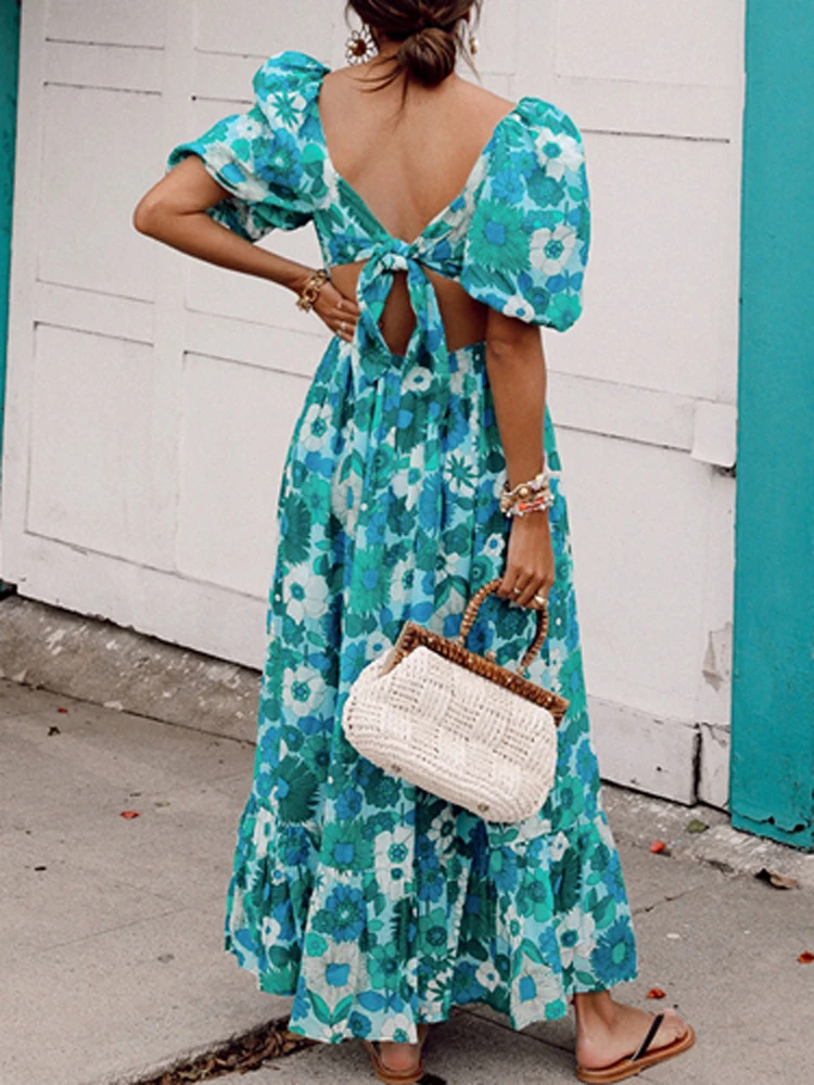 

Summer Backless Lace-up Bow Dress Women Fashion Floral Printed Long Party Dress Elegant V Neck Puff Short Sleeve Beach Dresses