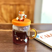 cute fox glass cup with lid masons jar cute desktop milk cup autumn birthday christmas gift milk coffee cup water bottle cartoon