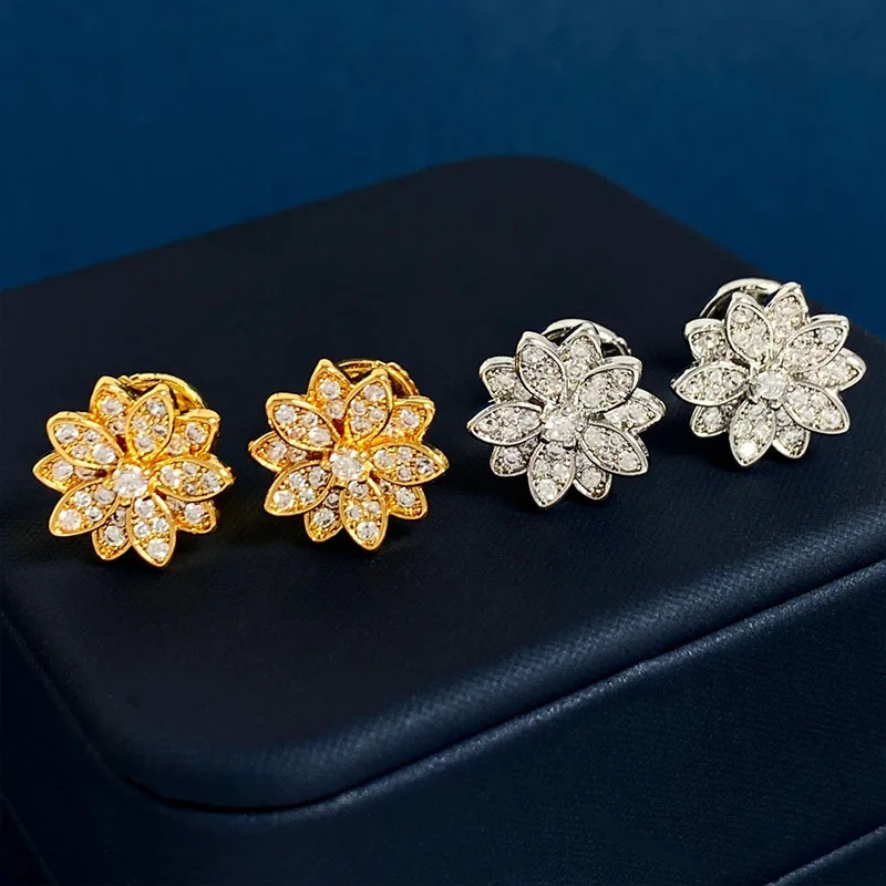 

Fashion Chinoiserie Lotus Full of Diamond Stud Earrings for Women 925 Sterling Silver Plating Does Not Fade Fine Brand Jewelry