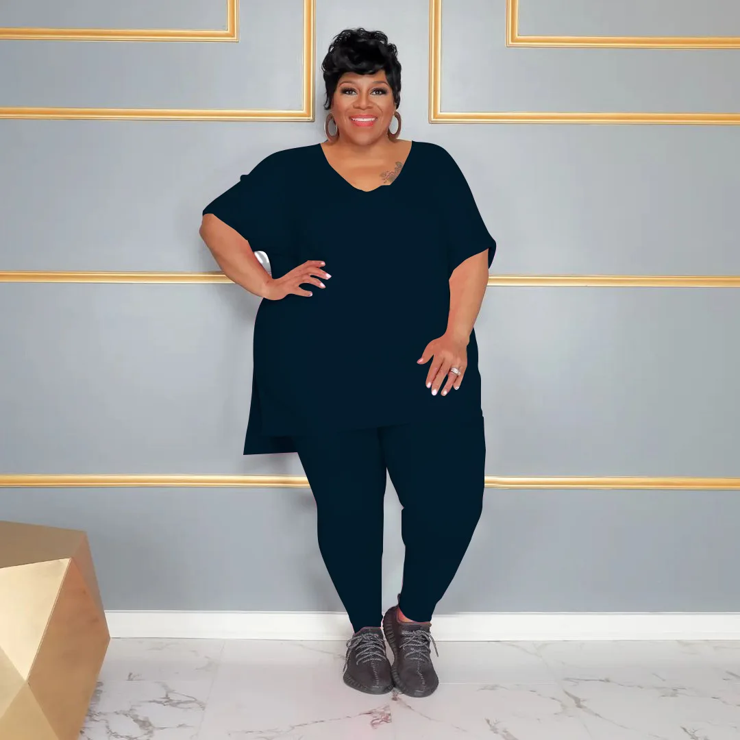 Plus Size Matching Set Solid Long Shirt And Pencil Pant Female Casual Outfit Fashion Two Piece Set 2023 Summer Women's Tracksuit
