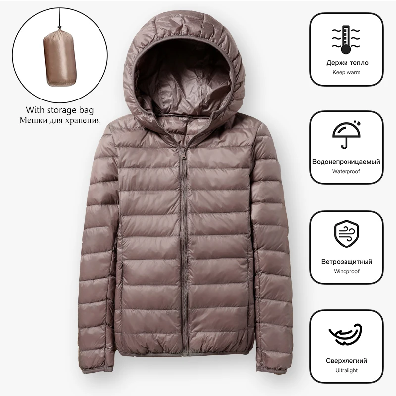 

2023 Winter Women Ultralight Thin Down Coat Long Sleeve Hooded Warm Duck Down Jacket Female Solid Color Portable Puffer Overcoat