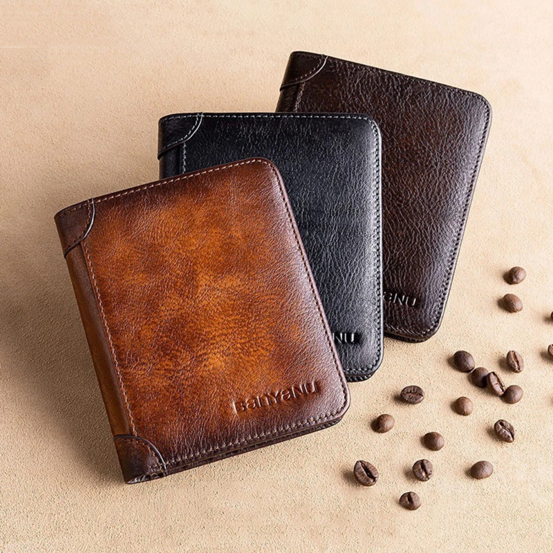 Men Wallet Genuine Leather Rfid Blocking Trifold Wallet Vintage Thin Short Multi Function ID Credit Card Holder Male Purse Money 5