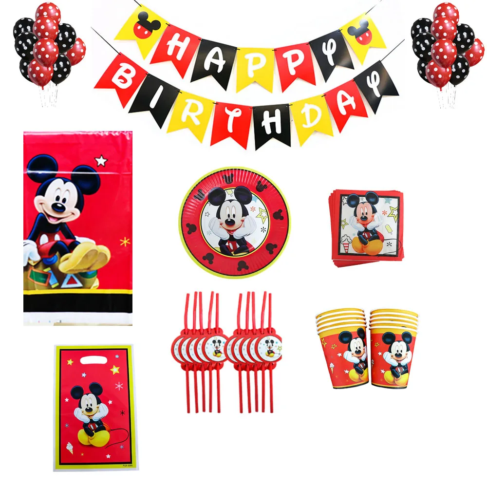 

92pcs/Pack Disney Red Mickey Birthday Party Decorations Baby Shower Disposable Tableware Paper Plates Cups Blowouts Napkins