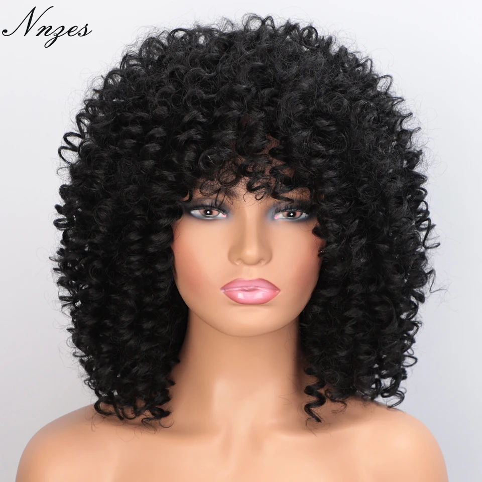 

NNZES Synthetic Afro Kinky Curly Wigs for Black Women Short Black Curly Wigs with Bangs 14 Colors Mixed Brown Blonde Orange Wig