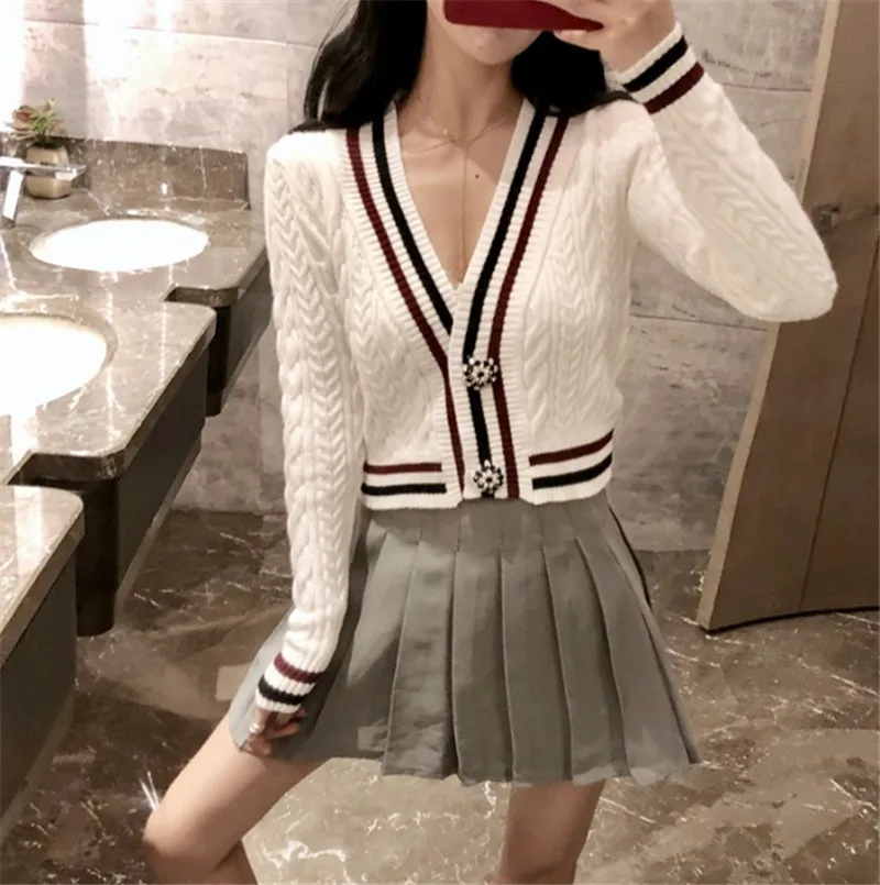 

Women's Twist Knit Sweater Cardigan and Pleated Mini Skirt, Girl's Dress Sets, Deep V Neck, Autumn Fashion, 2Pcs Skirt suits