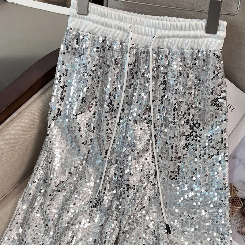 Брюки женские с блестками и широкими штанинами модные повседневные блестящие