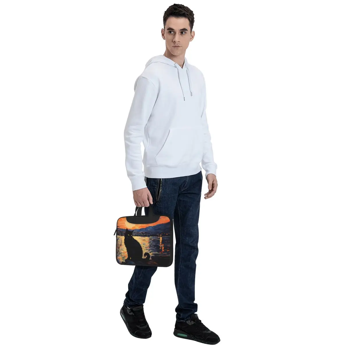 Сумка для ноутбука Черный кот на закате противоударная сумка с милыми животными