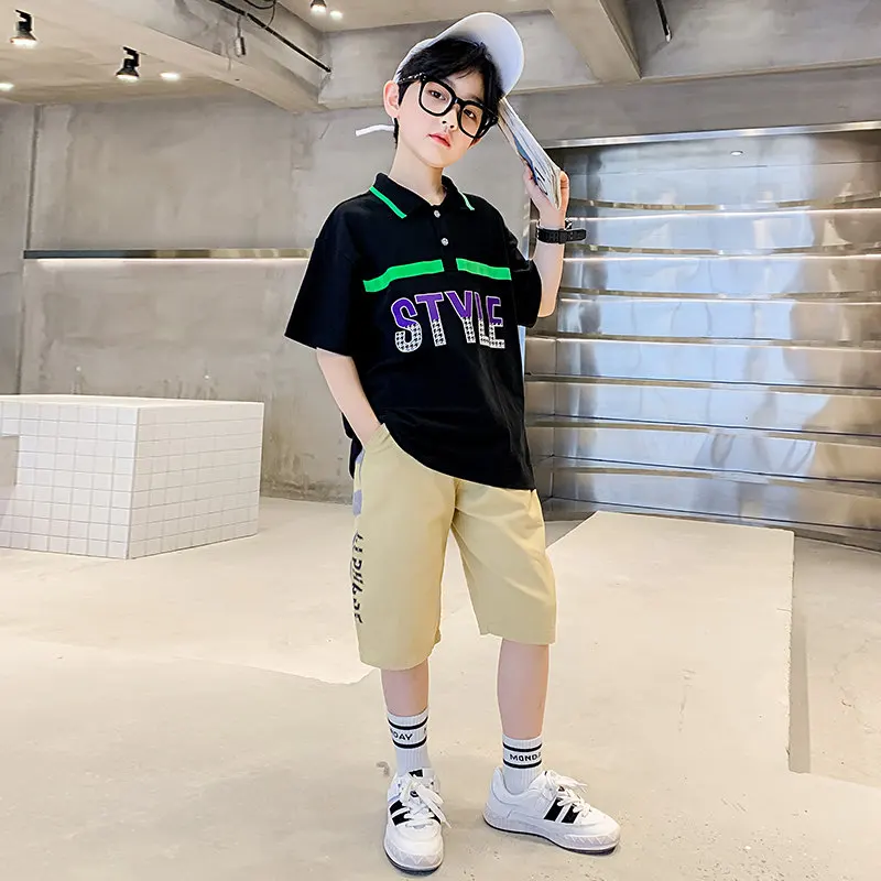 Teen Boy Summer Clothes Short Sleeve T-Shirt + Shorts 2 Pieces Set Letter Fashion Kids Cotton Boys Clothing Suit For 4 To 14Yrs
