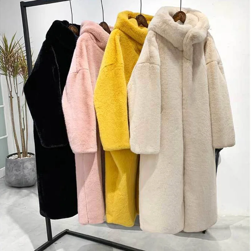 New Women Winter Faux Fur Coat Hooded Long Fur Solid Color Coats Jacket Thick Warm Female Casual Plush Plus Size Loose Overcoat