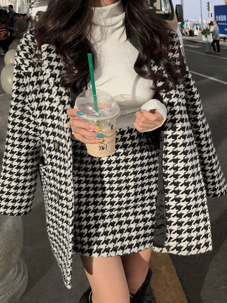 

Женская куртка, женский осенне-зимний новый клетчатый шерстяной жакет тысячи птиц, комплект с юбкой с высокой талией, Женская куртка, пальто, блейзер для женщин