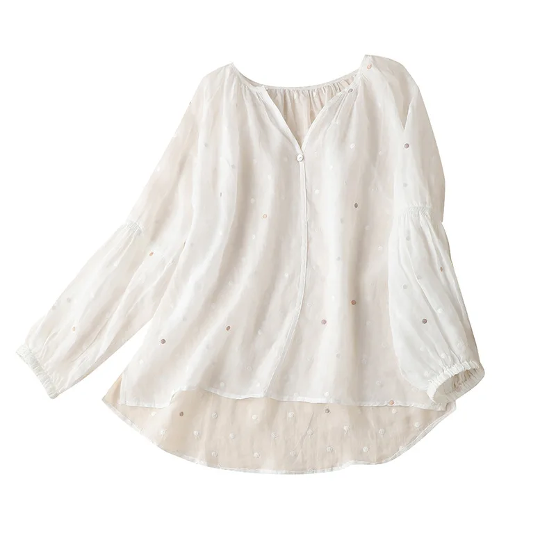 

Летние тонкие прозрачные белые женские блузы, Летние Элегантные пляжные блузы в горошек с вышивкой и V-образным вырезом, Ramie