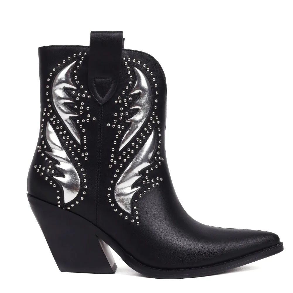 

Gnazhee Women's Boots Shoes Pointed Toe Slip On Rivets Western Cowboy Booties Ankle Chunky High Heels Footwear