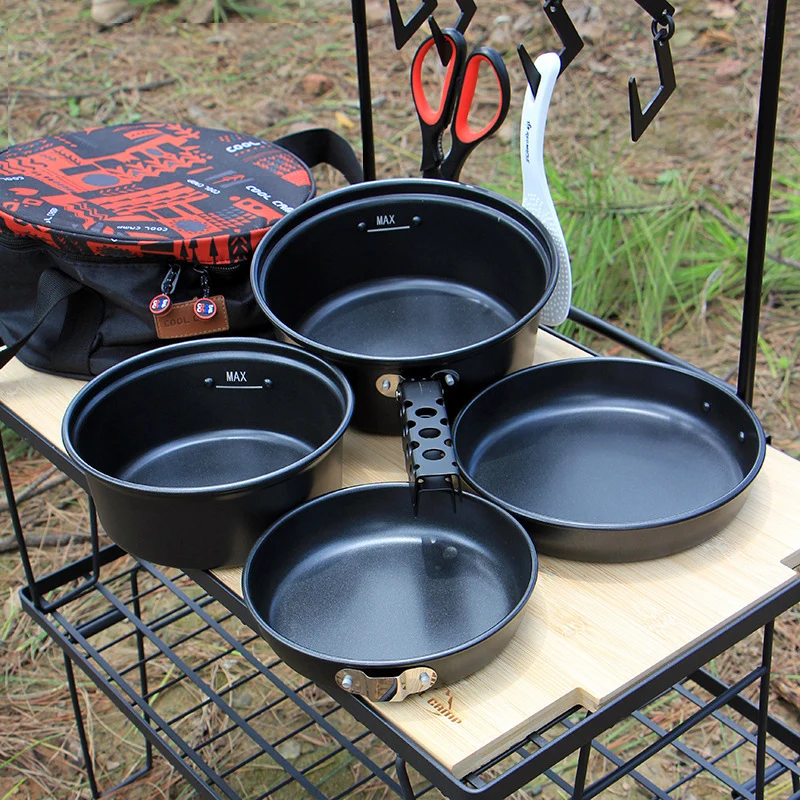 

Набор кастрюль из алюминиевого сплава для кемпинга на открытом воздухе, легкая портативная сковорода с антипригарным покрытием, набор посуды для пикника, 4 шт.
