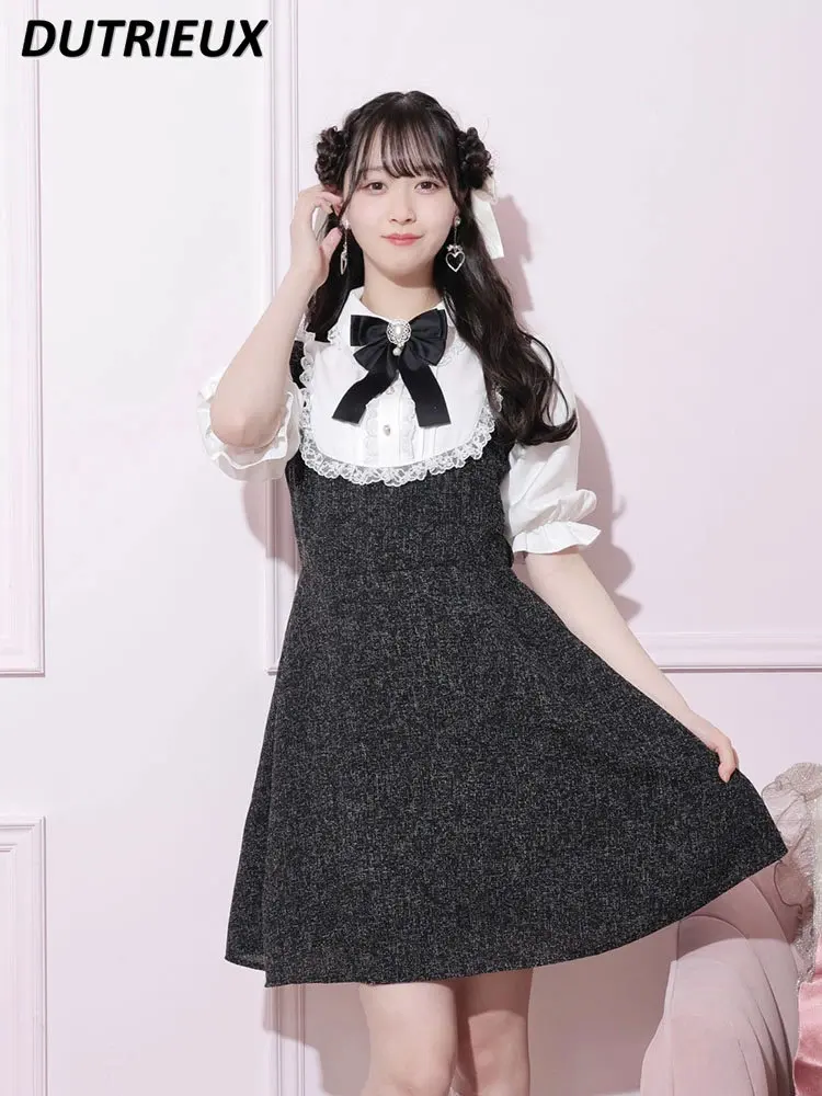 

Sweet Cute Lady Short Dress Lace Collar Mid-Sleeve Elastic Waist Elegant Dress Fashion Summer 2023 New Casual Dress for Women