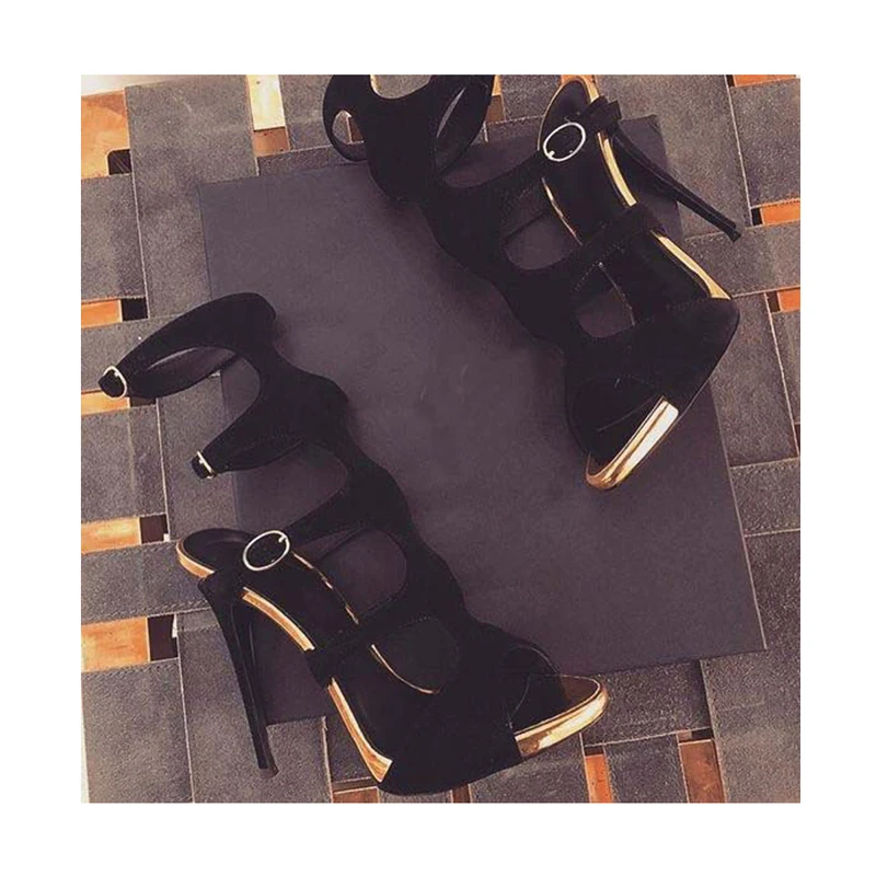 Черные замшевые Лоскутные сандалии с ремешком и пряжкой Женские модные