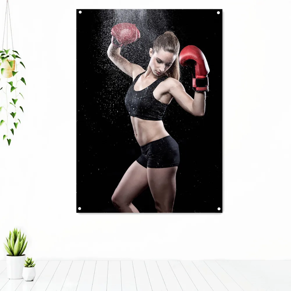 

Beautiful Woman Wearing Boxing Gloves Workout Inspirational Poster Wall Art Vintage Decorative Banner Banner Flag Gym Wall Decor