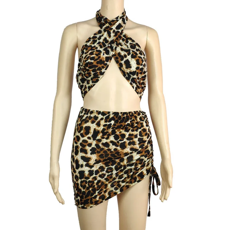Summer Sexy Leopard Dresses for Women New Halter Backless Cross Crop Tops Drawstring Mini Skirts Black White Vestido Feminino XL