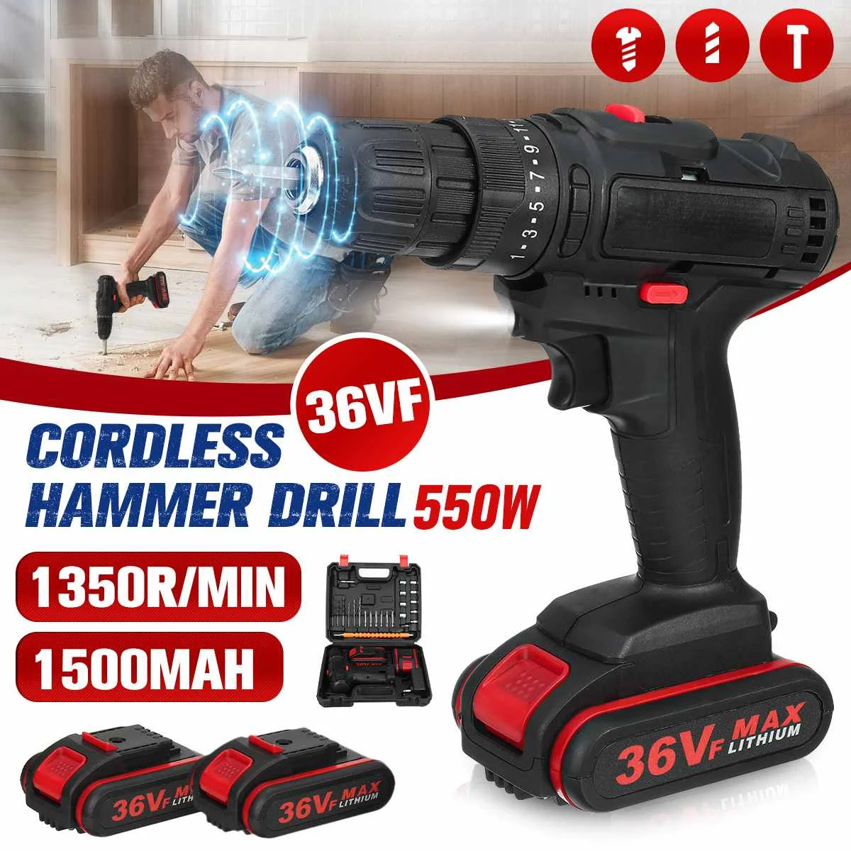 

36V Electric Drill Impact Drill Cordless Screwdriver 2 Lithium Batteries Home Use Electric Drill Set with Case Power Tool