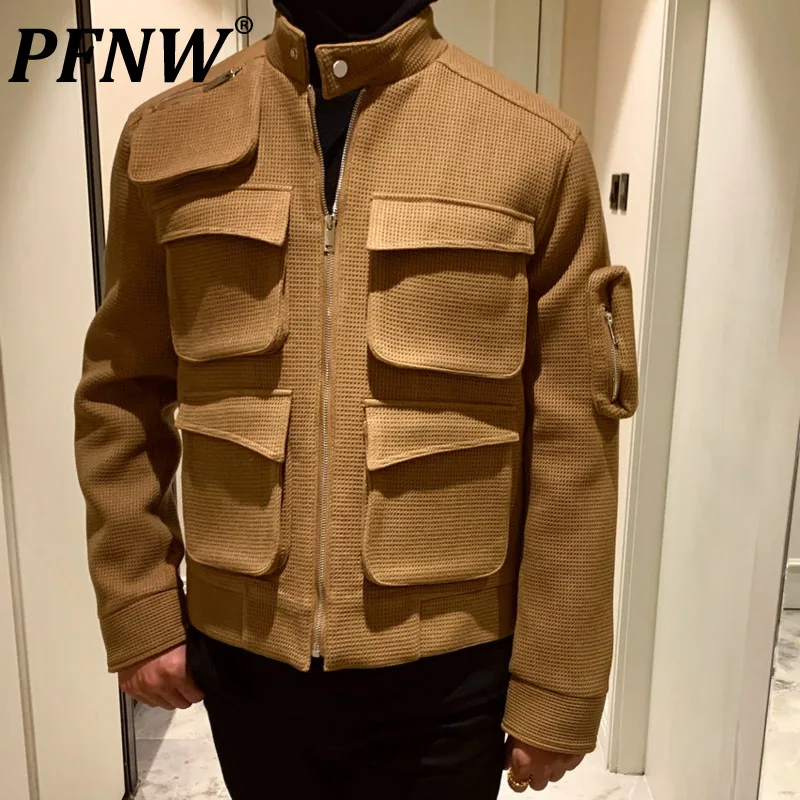 

PFNW Autumn Winter Men's Fashion Vintage Stand Collar Jackets Casual Cotton Padded Coat Tide Zippers Korean Style Tops 12A7343