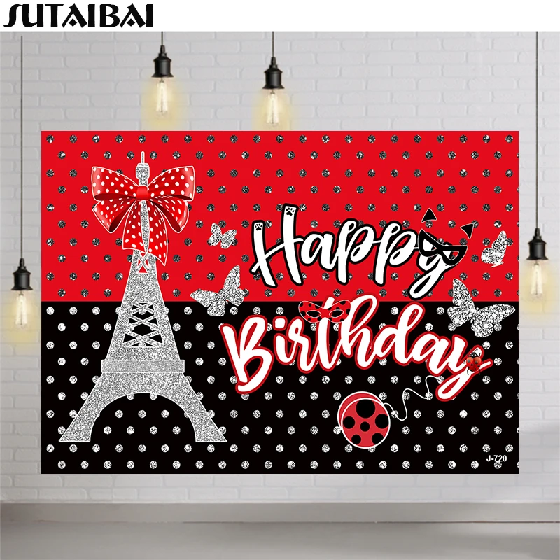 

Ladybug Birthday Backdrop Glitter Red and Black Party Supplies Girls Kids Baby Bday Banner Eiffel Tower Bow Decor Background