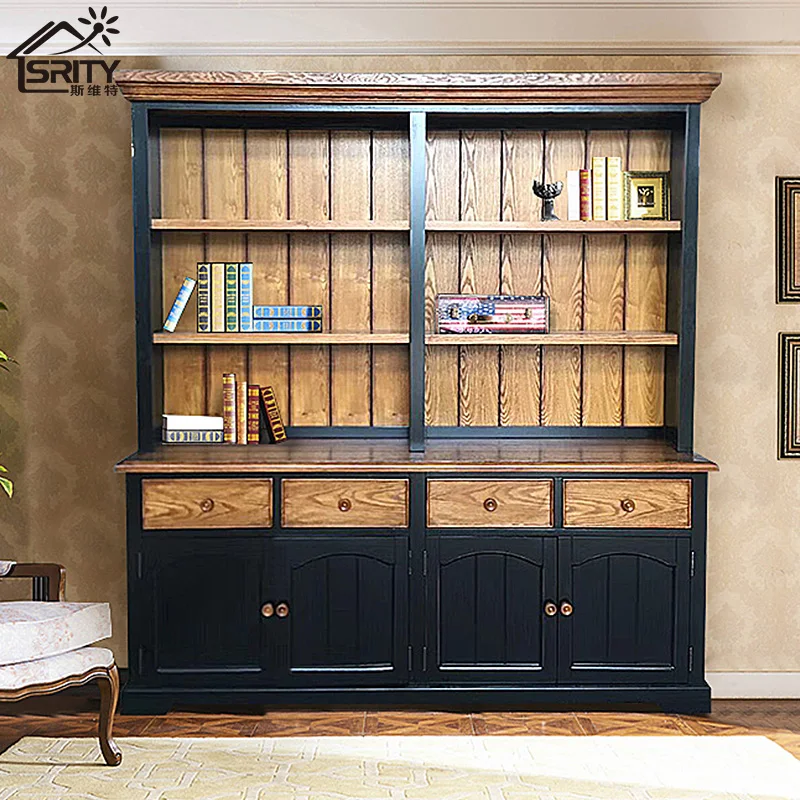 Lemari sederhana lemari multifungsi di pedesaan dengan rak-rak buku gaya Mediterranean.