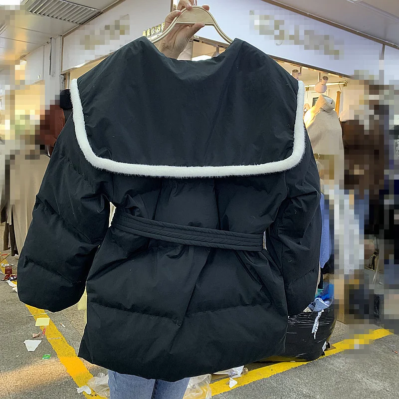 Winter Jacket Women Thick and Warm Korean Version of The Navy Collar Waist Mid-length Cotton Clothes Elegant Loose Coat Women