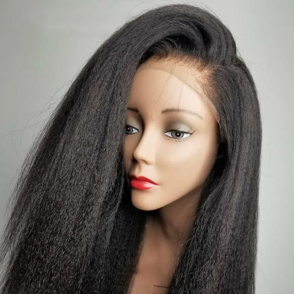 

Natural Looking Glueless Long Synthetic Yaki Kinky Straight Lace Front Wig For Black Women BabyHair Heat Resistant Preplucked