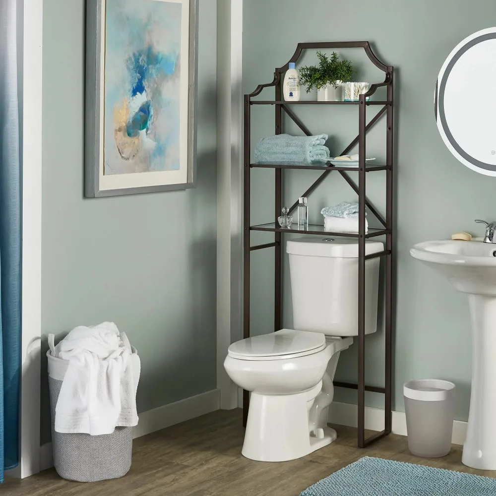 

3-Tier Over The Toilet Bathroom Storage Organizer Glass and Metal Free Standing
