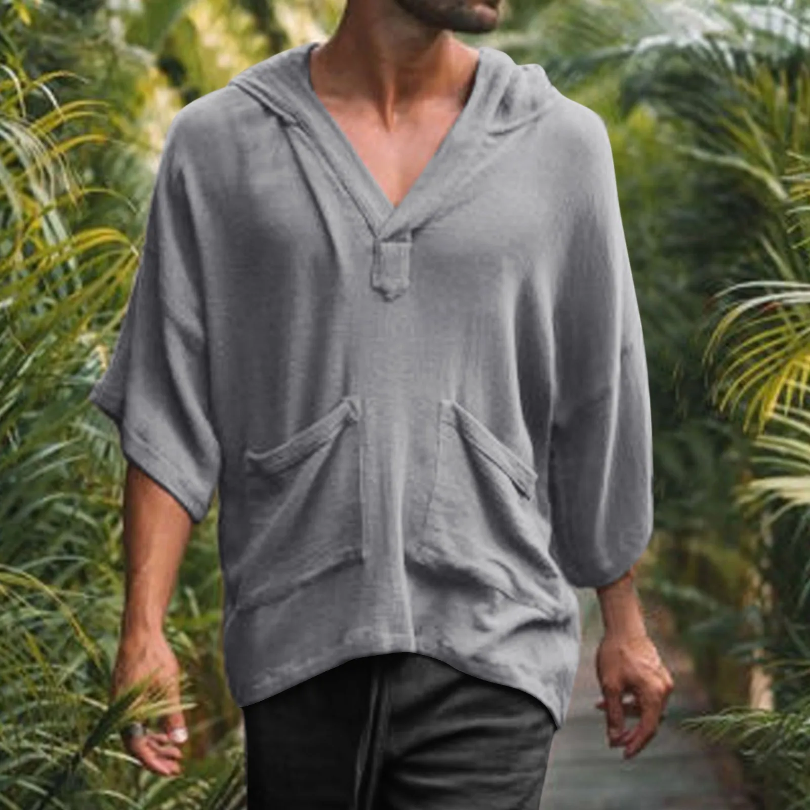 

Men Spring Summer Casual Top Hawaii Beach Shirt Cotton Linen Drop Shoulder Half Sleeve Hooded Double Pocket Mens Large Shirts