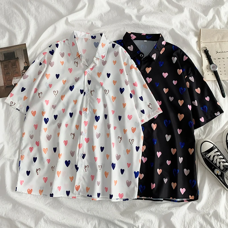 

EBAIHUI Women's Shirt Summer 2022 New Heart Print Short-sleeved Loose Shirts Harajuku Style Beach Turn Down Collar Thin Blouse