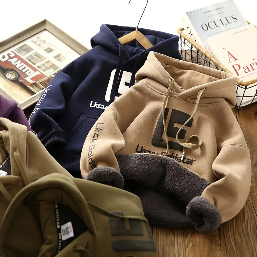 

Boys' children's clothing plus velvet hooded sweater children's autumn and winter clothes hoodless rope