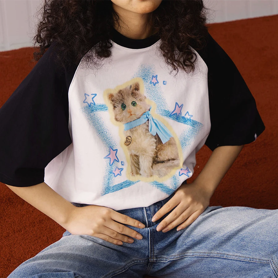 

Корейский тренд, футболки контрастных цветов с мультипликационным принтом милого кота Y2K, топ в стиле хип-хоп, Свободный Летний Повседневный Топ с коротким рукавом