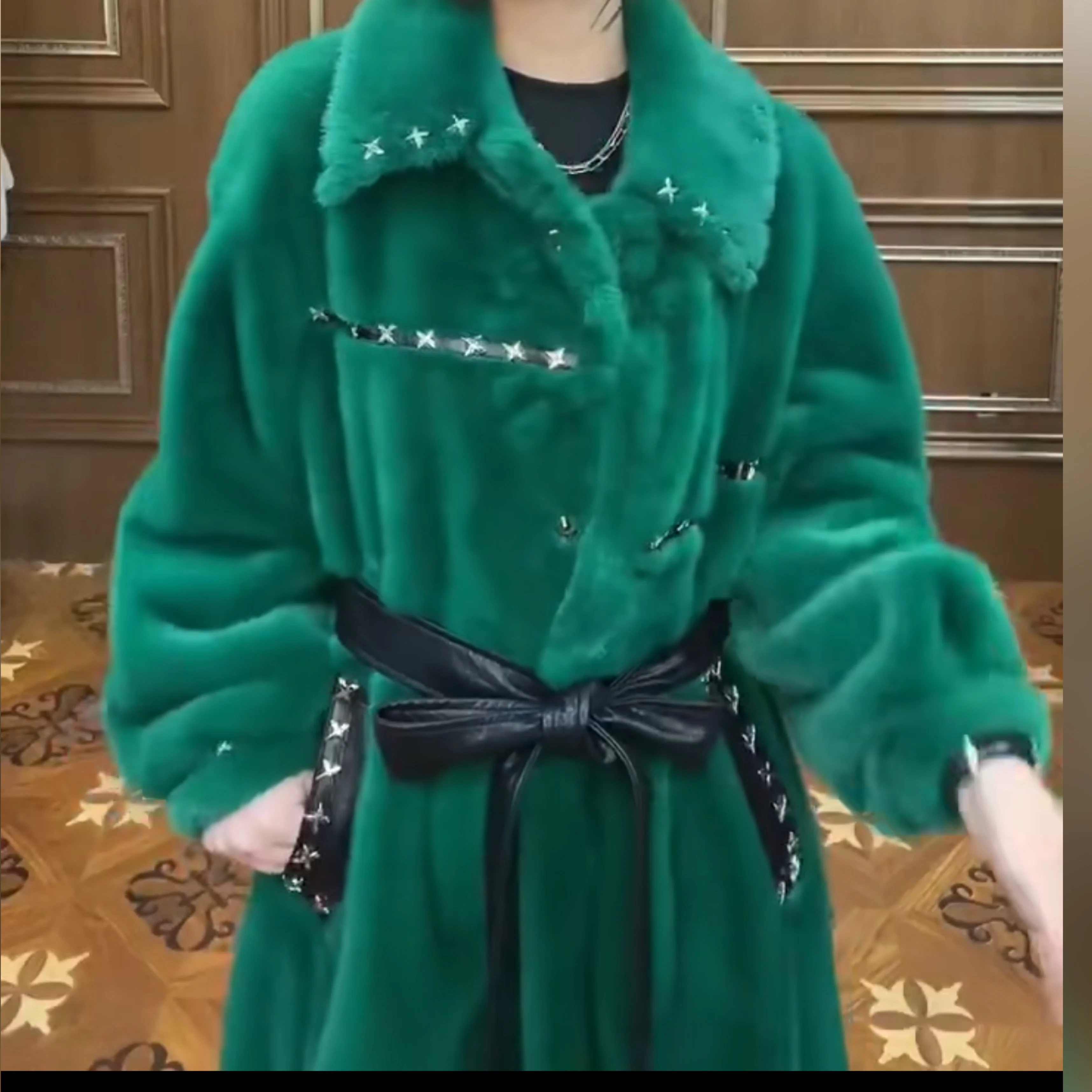 Faur Fur Long Sleeve Coat Female Toka Double Face Wool Leather Warm Heavy Embroidery Sequins Casual Trend Fashion Jacket Winter